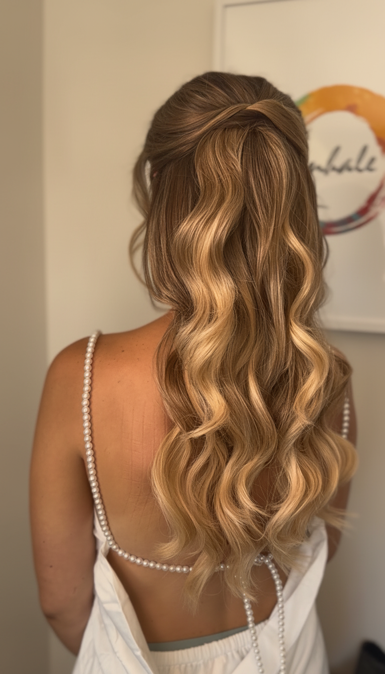 Woman with long wavy highlighted hair