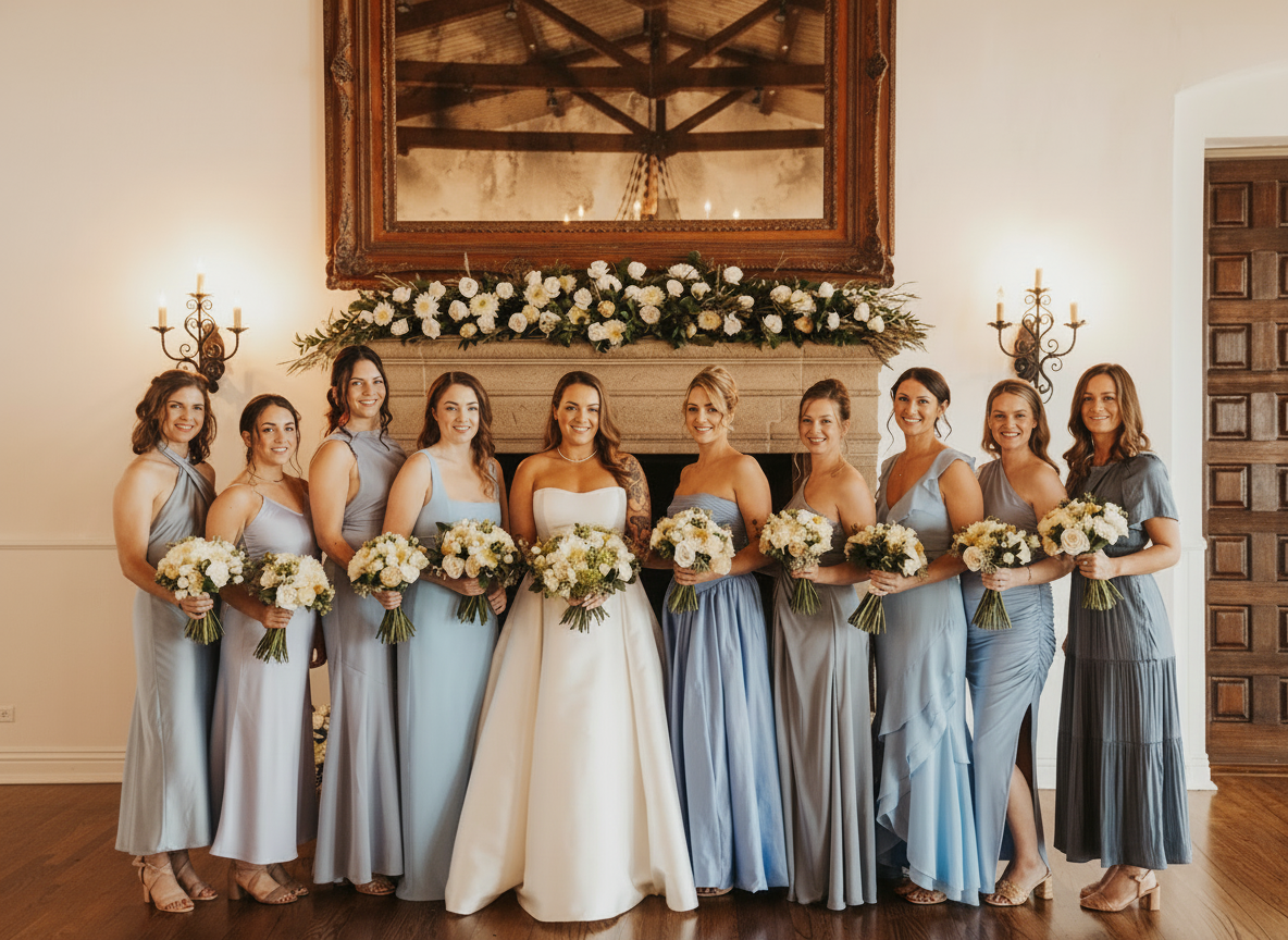 Bride and bridesmaids holding white bouquets