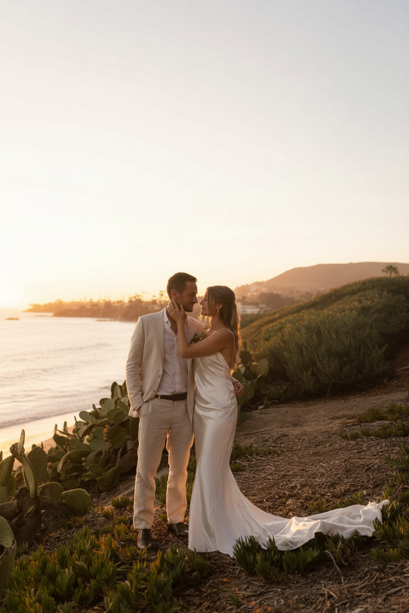 Bride and groom at sunset beach cliffside