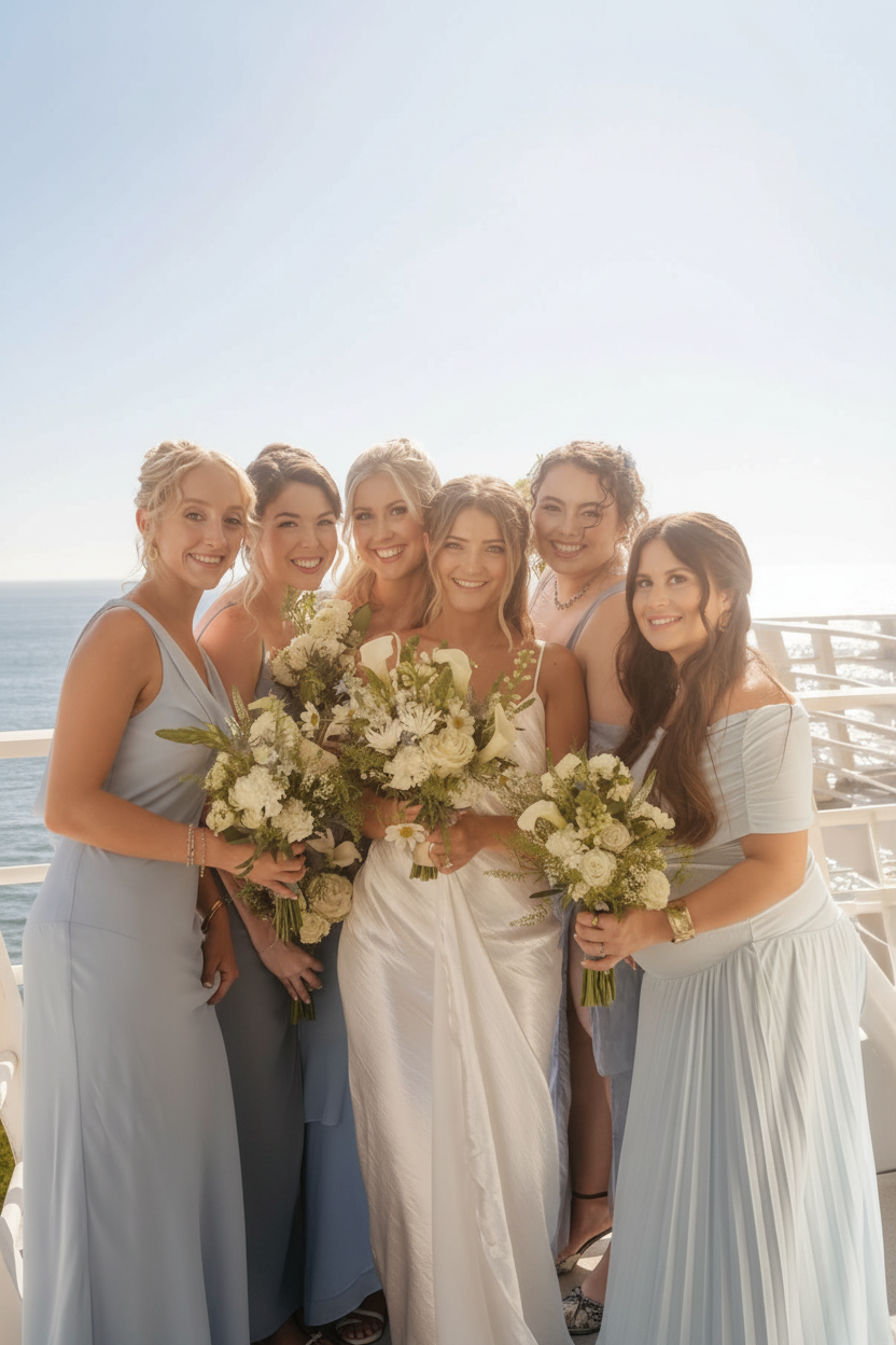 Bride and bridesmaids ocean wedding portrait